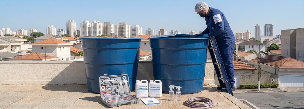 Profissional realizando Imunização e Desinfecção Bacteriológica de Caixas D'água em Ilhota